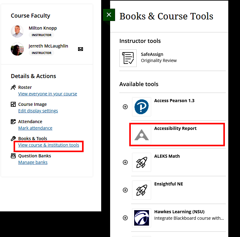 Screenshot showing the Blackboard Books & Course Tools menu. The option “Accessibility Report” is highlighted among available tools. The menu is accessed from the course settings area, which also includes links to roster, attendance, and course image settings. Screenshot showing the Blackboard Books & Course Tools menu. The option “Accessibility Report” is highlighted among available tools. The menu is accessed from the course settings area, which also includes links to roster, attendance, and course image settings.