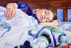 Lance Hunter watercolor of "To Infinity and Beyond" is a painting of the artist's son as a child.