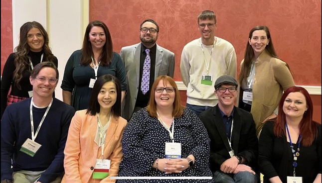 Communication Professors Ross and Vareberg joined former NSU faculty and alumni at the Central States Communication Association Annual Conference in Grand Rapids, MI, from April 3-7. Included here are (bottom, l-r) Dr. Kristopher Copeland (former faculty), Dr. Hsin-I Sydney Yueh (former faculty), Dr. Amy Aldridge Sanford (former faculty), Dr. C. Kyle Rudick (former student), and Dr. Kathryn B. Golsan (former student); (top, l-r) Kendrea James (former student), Shawna Blake (former student), Ant Woodall (former student), Dr. Kyle Vareberg, and Dr. Elaina Ross. 