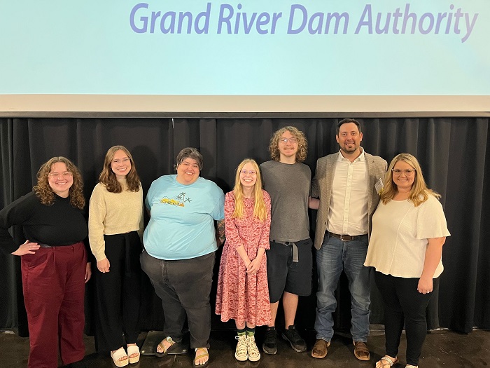 In the photo from left to right: Angie Capp, Austyn Rice, Dr. Elizabeth Waring, Viktoria Stallings, Keegan Stallings, Dustin Browning, GRDA biologist and NSU partner, and Courtney Stookey, GRDA biologist and NSU partner. 