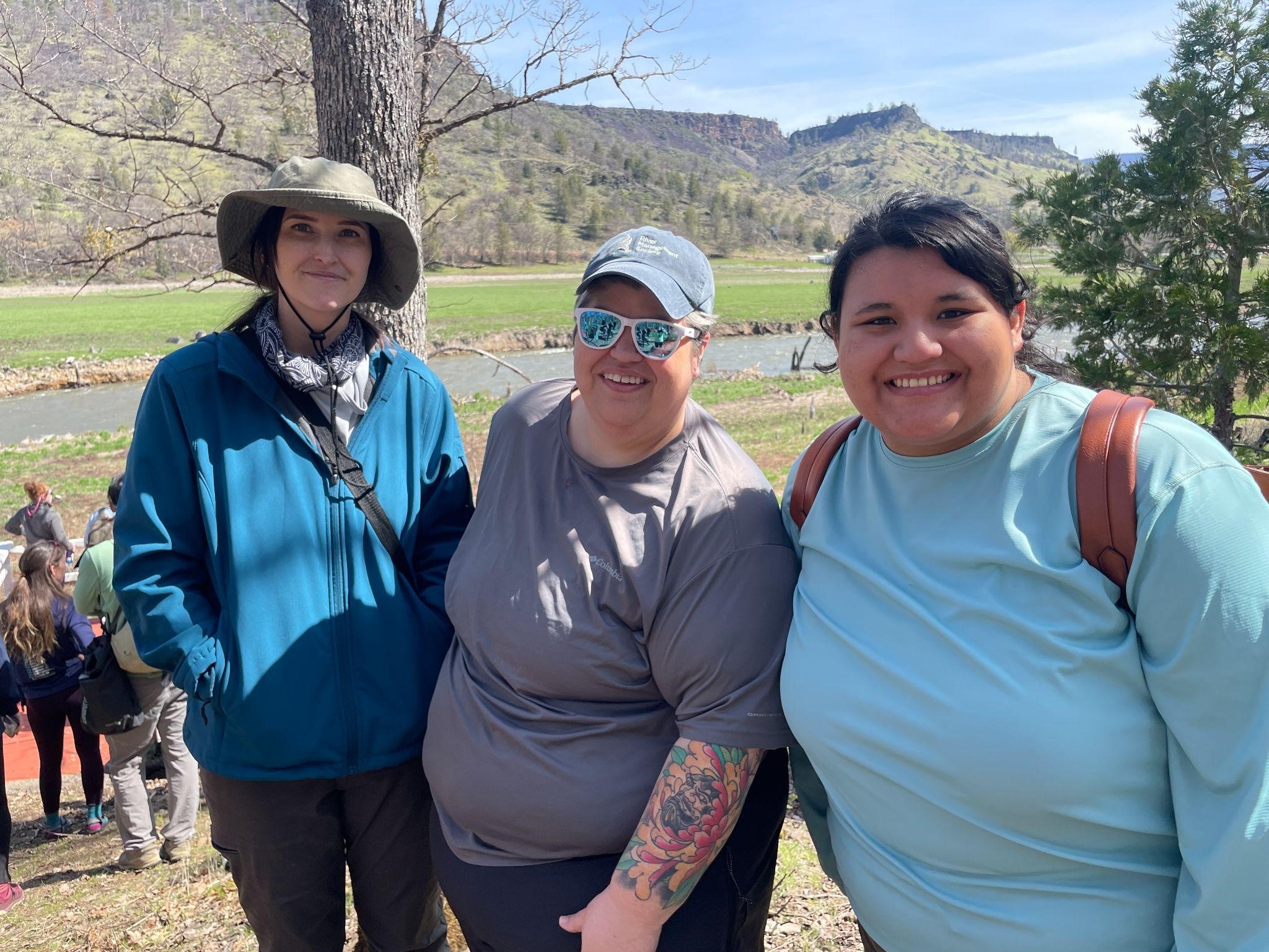 Dr Cheyanne Olson, Dr Lizz Waring, and AJ Fields on a field trip exploring the new Klamath River post-dam removal. Dr Cheyanne Olson, Dr Lizz Waring, and AJ Fields on a field trip exploring the new Klamath River post-dam removal.