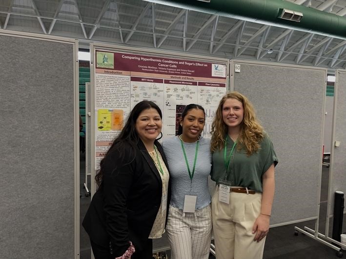 Graciela Martinez, Victoria Espinoza, and Ariana Kincade presented their research conducted in the Molecular and Cellular Biology Lab course under the mentorship of Dr. Janaki Iyer at Oklahoma Research Day. 