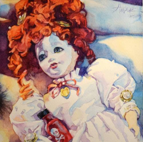 Toxic Tresses watercolor painting of doll with red hair holding a vial with a skull and crossbones on it. 