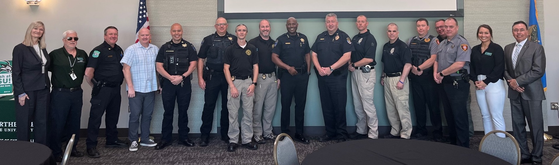 From Right to Left: Dr. Rebekah Doyle, Dr. Mike Wilds, Chief Cox of Claremore Police, Claremore Police Department, Tulsa Police Department, Oklahoma State Bureau of Investigation, Chief Franklin of Tulsa Police, Chief Berryhill of Broken Arrow Police, Jenks Police Department, Tulsa County Sheriff's Office, Jessica Williams, Dean Eloy Chavez