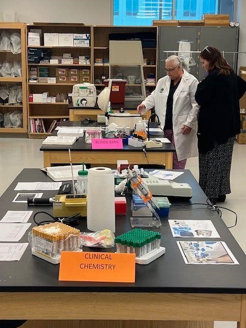 Medical Laboratory Science student lab Dr. Ruskoski is demonstrating to a student how to crossmatch a unit of blood with a patient's plasma.