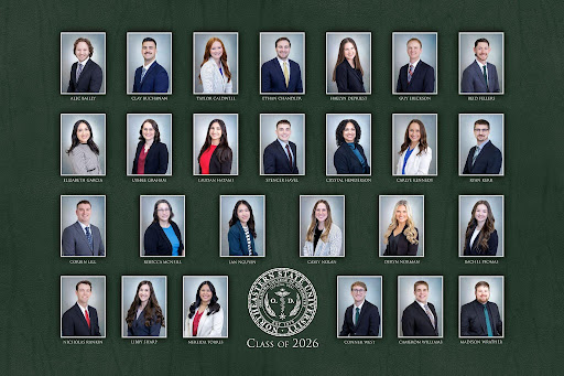 Composite graduation recognition image for the NSU College of Osteopathic Medicine Class of 2026. Twenty-six professional headshots of students are arranged in four rows against a dark green textured background. Each portrait includes the student's name beneath the photo. The NSU College of Osteopathic Medicine seal is centered near the bottom of the image with the text “Class of 2026” displayed below it. Students are dressed in professional business attire and photographed against neutral studio backgrounds.