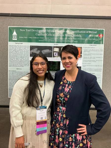 Bethany Mejia and Dr. Cammi Valdez with the poster titled “New Tool Development for Identification and Quantification of Retinal Capillary Cells in Diabetic Mouse Models”.