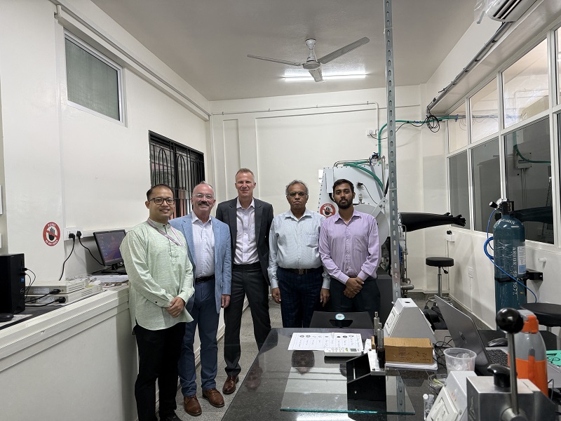 Atria Lab is taken at Atria's Battery Engineering Lab and includes (l-r): Dr. Homen Lahan, Research Scientist, Dr. Ferrell, Dr. Anderson, Mr. Ravi Kumar, Director, and Dr. Nishchith B S, Assistant Professor.