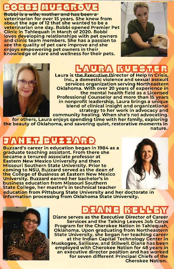 Profiles of four Women in Business honorees: Bobbi Musgrove, Laura Kuester, Janet Buzzard, and Diane Kelley, with headshots and biographies describing their careers in veterinary care, social services, education, and leadership.