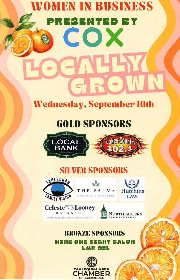 Poster for the “Women in Business: Locally Grown” event, presented by Cox on Wednesday, September 10. Includes gold, silver, and bronze sponsors, hosted by the Tahlequah Area Chamber of Commerce, with an orange-themed background.