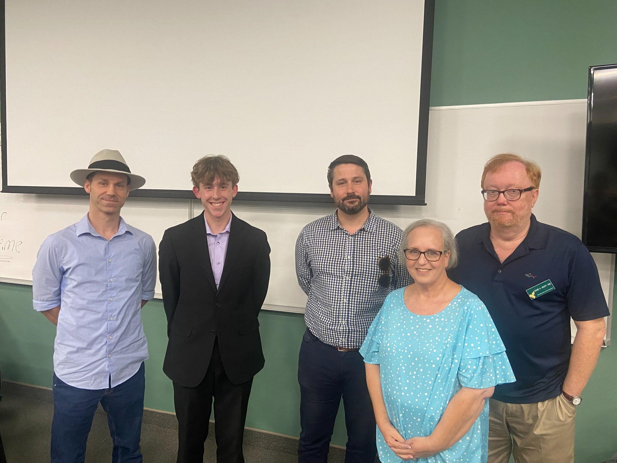 (l-r) Dr. James Hurst, Criminal Justice; Moderator Easton Voyles, Jr., Double Major in Communication and Political Science; Dr. Christopher Weaver, Political Science; Dr. Jennifer Edwards, Sociology; and Dr. David Scott, Communication. 